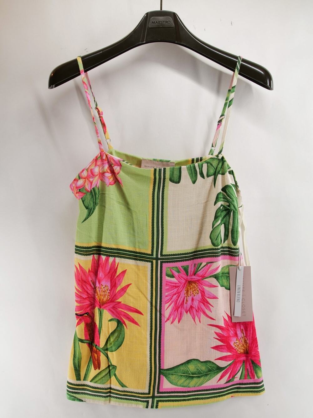 White Closet Elements Tropical Border Print Linen Blend Cami Tank Top Womens Med